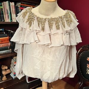 NWT Blumarine Nude Sheer Gold Sequin Dangling Flowy Ruffle Blouse Size 40
